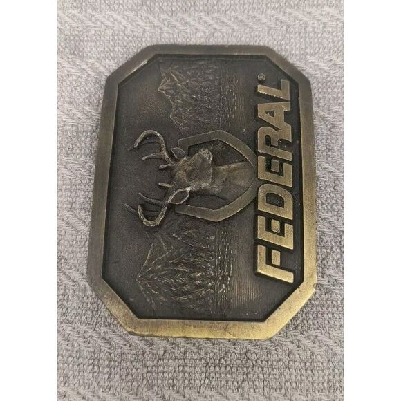 Vintage Indiana Metal Craft Federal Ammunition Brass Belt Buckle Deer Buck Hunt - Picture 2 of 7